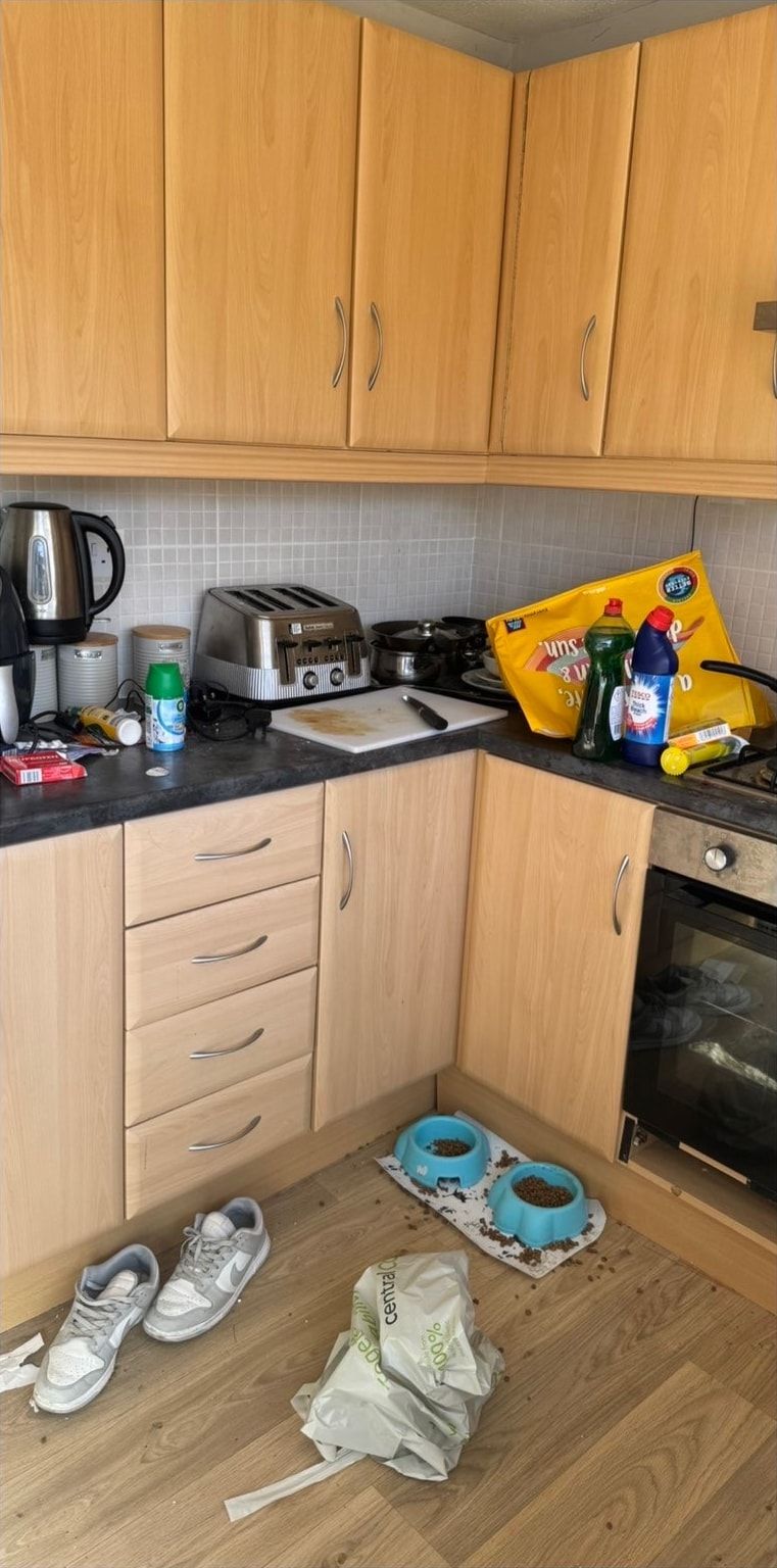 Before cleaning: kitchen with wooden cabinets and floor