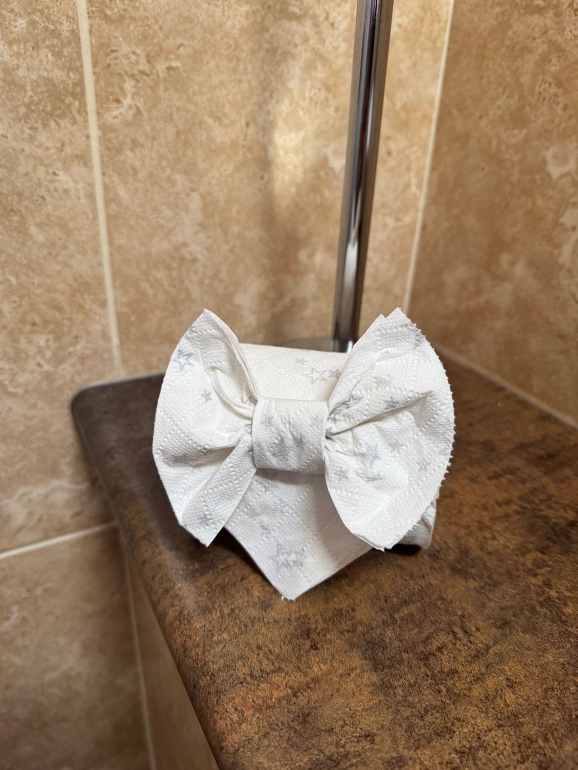 Toilet roll folded into a neat bow, one of our little finishing touches